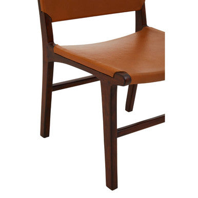Inca antique brown leather and teak wood chair with brown leather seat and backrest and dark wood frame