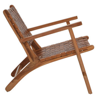 Inca armchair with light brown teak wood frame and leather straps featuring woven seat and backrest design