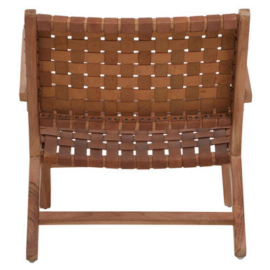 Inca armchair with brown leather straps and teak wood frame featuring a woven lattice design for stylish seating