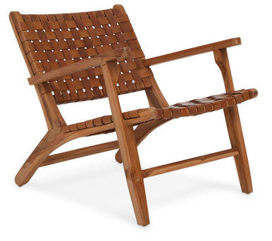 Inca armchair with brown woven leather straps and american oak wood frame featuring a slanted back design