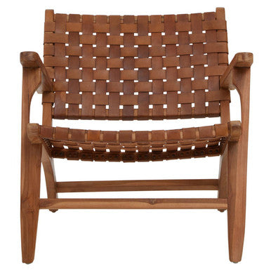 Inca armchair featuring brown woven leather straps and american oak frame with teak wood lattice design