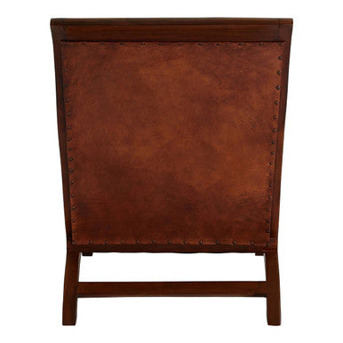 Inca brown leather and teak wood brown chair with dark wood frame and nailhead trim for lounge use