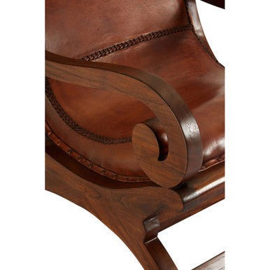 Inca brown leather rocking chair with wooden armrests and decorative stitching perfect for cozy lounging