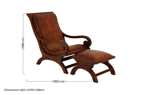 Inca brown leather reclining chair with carved teak wood frame and matching footstool for comfy lounging