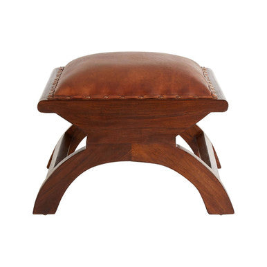 Brown leather ottoman with wooden legs and decorative stitching part of inca brown chair lounge set