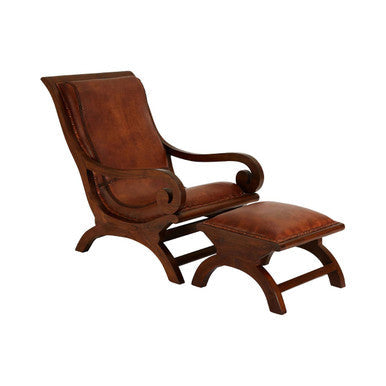 Inca brown leather and teak wood lounge chair with matching footstool featuring curved wooden arms and legs brown chair
