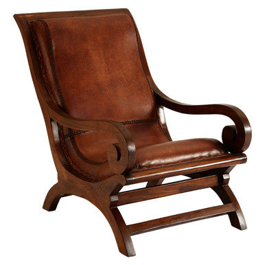 Inca brown leather and teak wood lounge chair with footstool featuring curved dark wood frame and elegant design brown chair