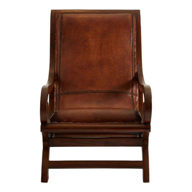 Inca brown brown chair with stitched detailing and dark teak wood frame perfect for lounging with footstool