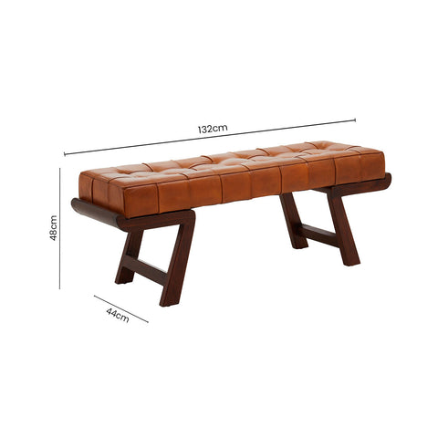 Inca brown leather bench with dark wood angular base offers stylish seating solution for any space