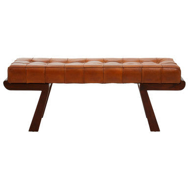 Brown leather tufted bench with dark wooden base and angular base offers a stylish seating solution
