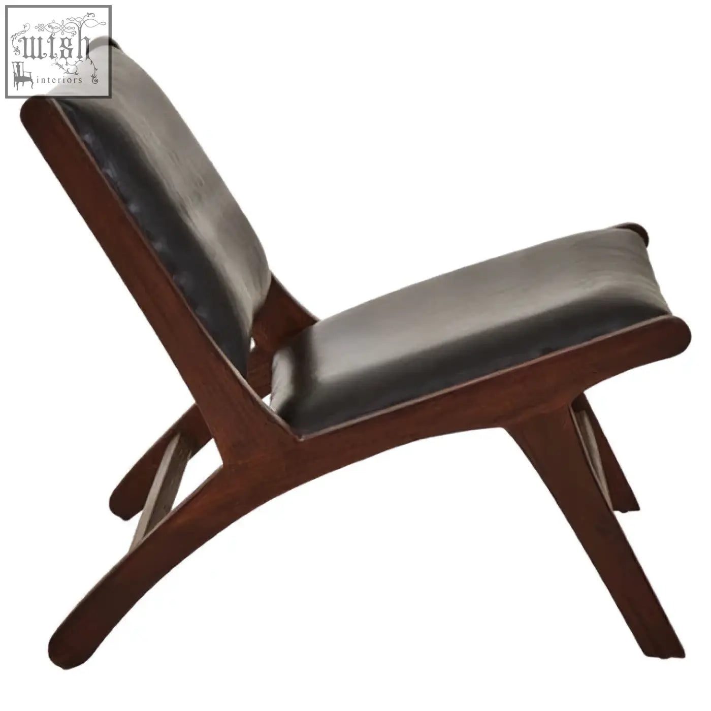 Dark brown wooden inca genuine black leather lounge chair with sleek black leather upholstery for comfy seating
