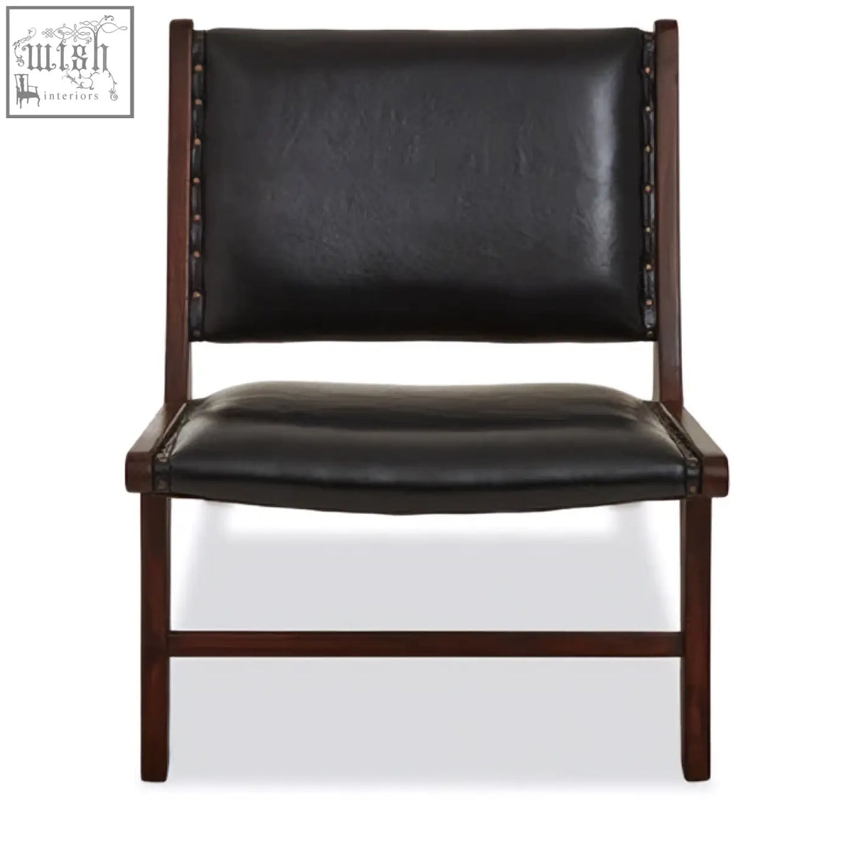 Inca genuine black leather lounge chair with dark wood frame and decorative nailhead trim perfect for relaxing