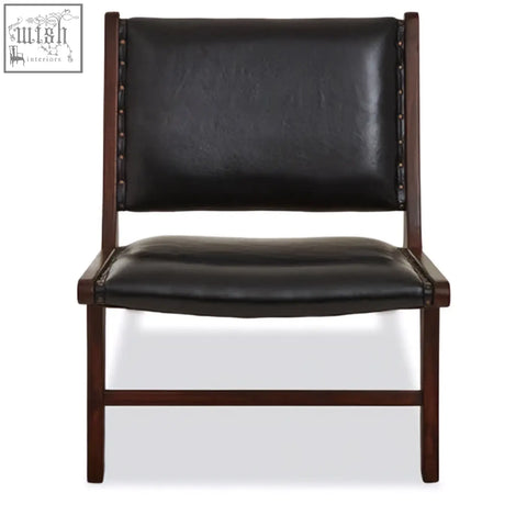 Inca genuine black leather lounge chair with dark wood frame and decorative nailhead trim perfect for relaxing