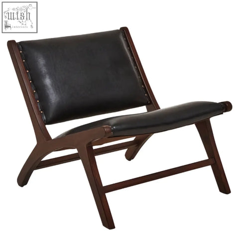 Dark brown wooden frame with black leather upholstery and stitching on the inca genuine black leather lounge chair