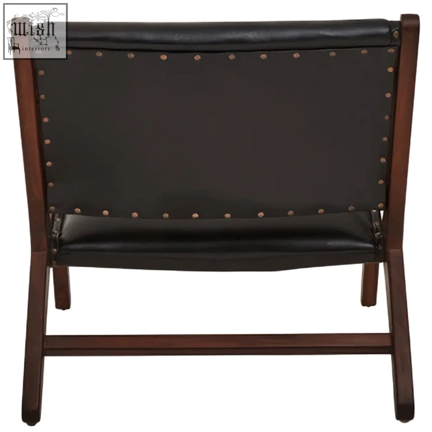 Inca genuine black leather lounge chair with dark wood frame and brass nailhead trim for stylish comfort