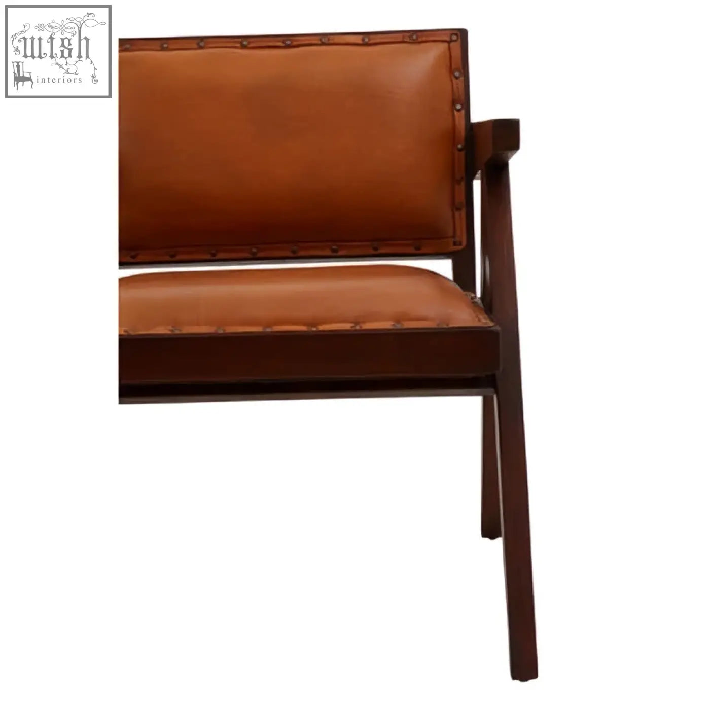 Brown leather armchair with tan leather seat and teak frame dining chair featuring nailhead trim detailing