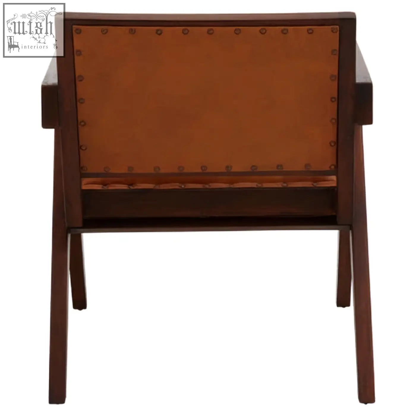 Brown leather-backed armchair with tan leather and teak frame dining chair featuring brass nailhead trim