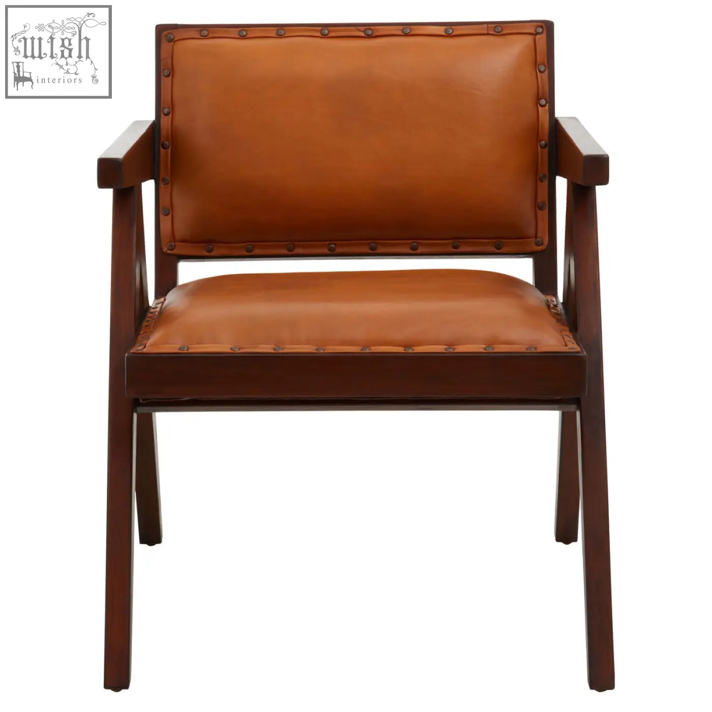Brown leather armchair with tan leather upholstery teak frame dining chair with decorative brass studs along edges