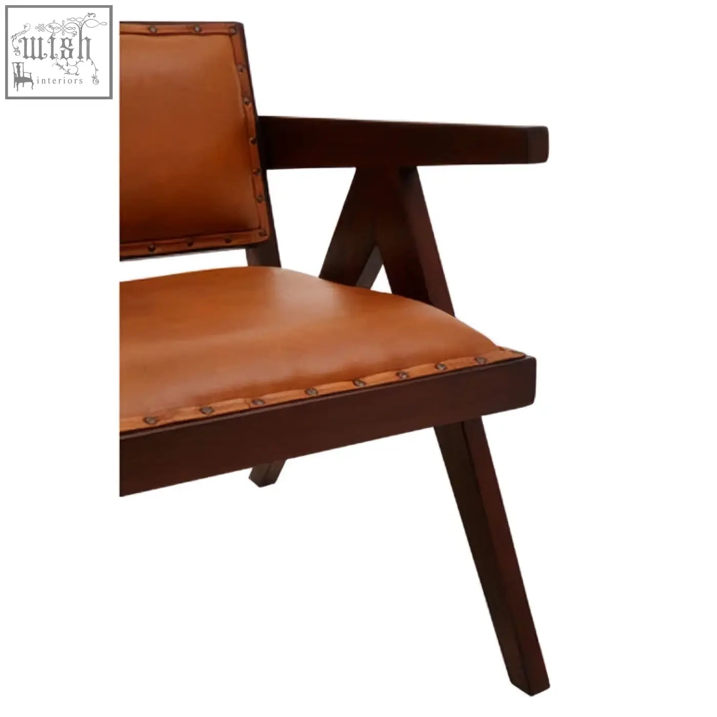 Inca tan leather and teak frame dining chair with brown tan leather upholstery and visible stitching details