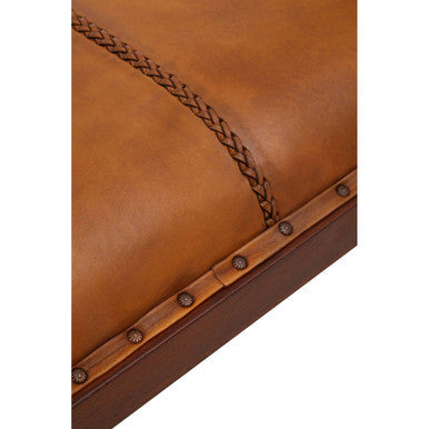 Inca tan leather and teak wood bench with tan leather braided stitch detail and dark metal studs on the edges