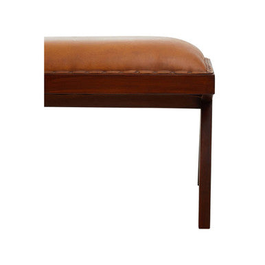 Inca tan leather and teak wood bench with tan leather upholstery, decorative stitching, and inverted base legs
