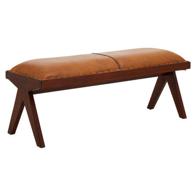 Inca tan leather bench with cushioned seat and teak wood inverted base featuring dark wood x-shaped legs