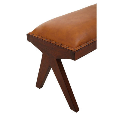 Inca tan leather and teak wood bench with tan leather top, decorative stitching, dark wood inverted base legs