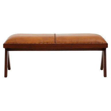 Brown tan leather bench with teak wood legs and inverted base perfect for stylish indoor seating