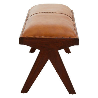 Inca tan leather and teak wood bench with tan leather cushion, decorative nailhead trim, and dark wood inverted base legs
