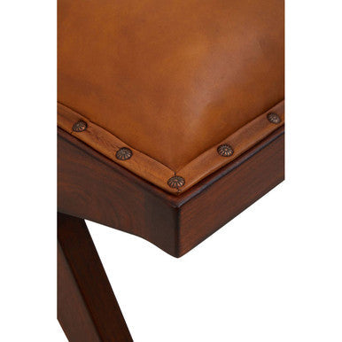 Inca tan leather and teak wood bench with tan leather seat and brass nailhead trim on inverted base