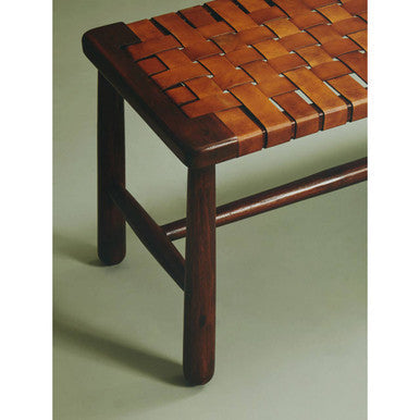 Inca tan leather and mango wood bench with lattice design and tan leather strapped seat with dark wood legs