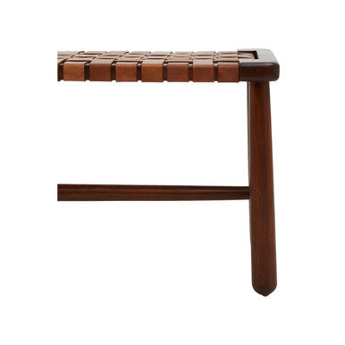 Inca tan leather and teak wood bench with lattice design featuring tan leather wrapped woven seat and dark mango wood legs