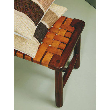 Inca tan leather and mango wood strapped bench with woven orange seat and dark brown teak wood legs