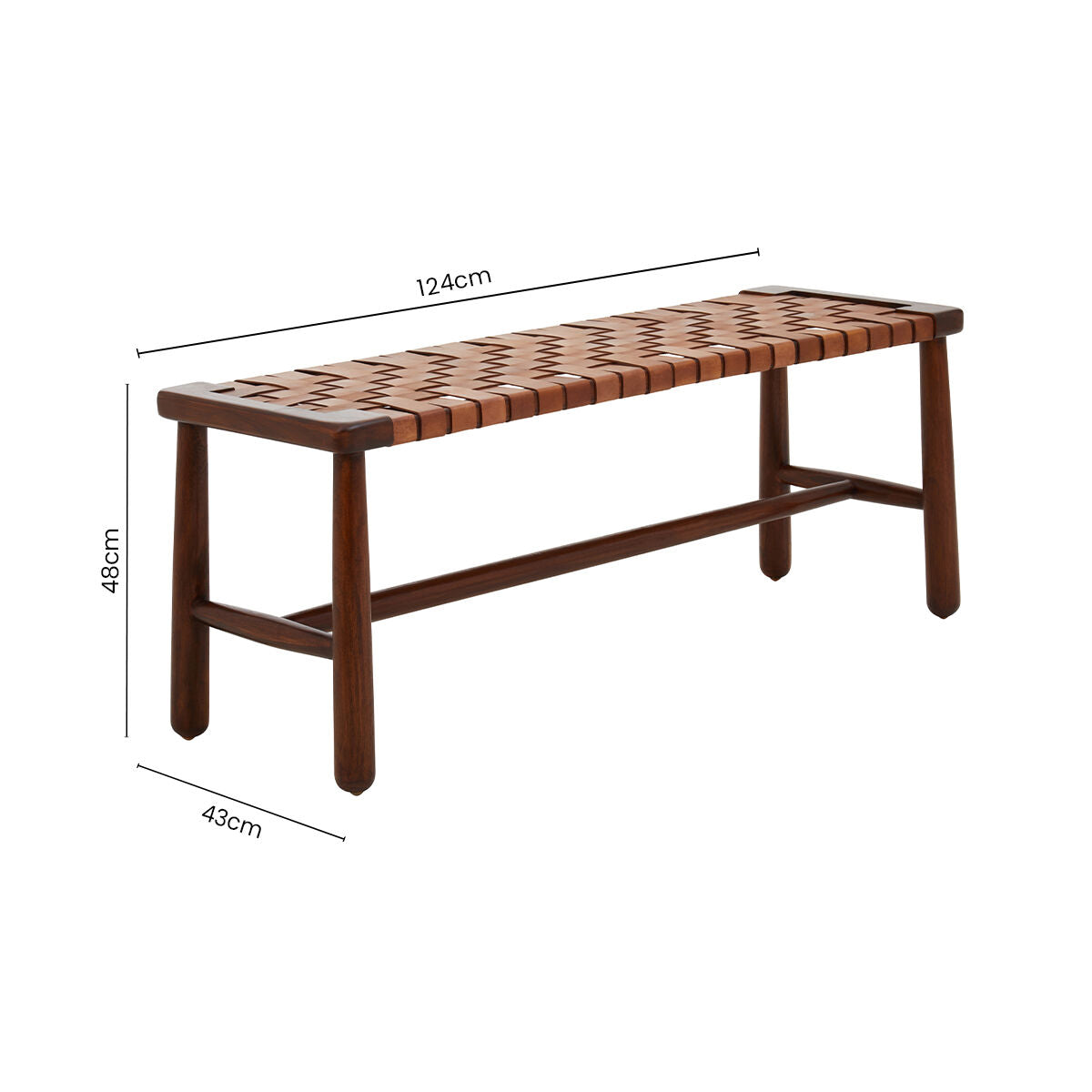 Inca tan leather and mango wood strapped bench with woven lattice seat in warm brown tones