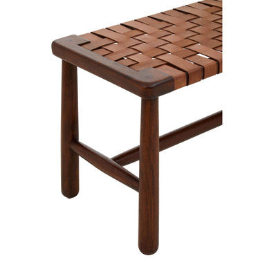 Inca tan leather and teak wood bench with lattice design featuring tan leather and mango wood legs