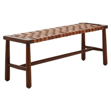 Brown wooden bench with tan leather woven seat in geometric pattern featuring mango wood lattice design
