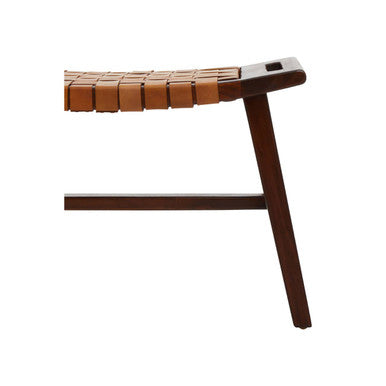 Inca tan leather and solid teak strapped stool with brown woven leather seat and dark wood legs