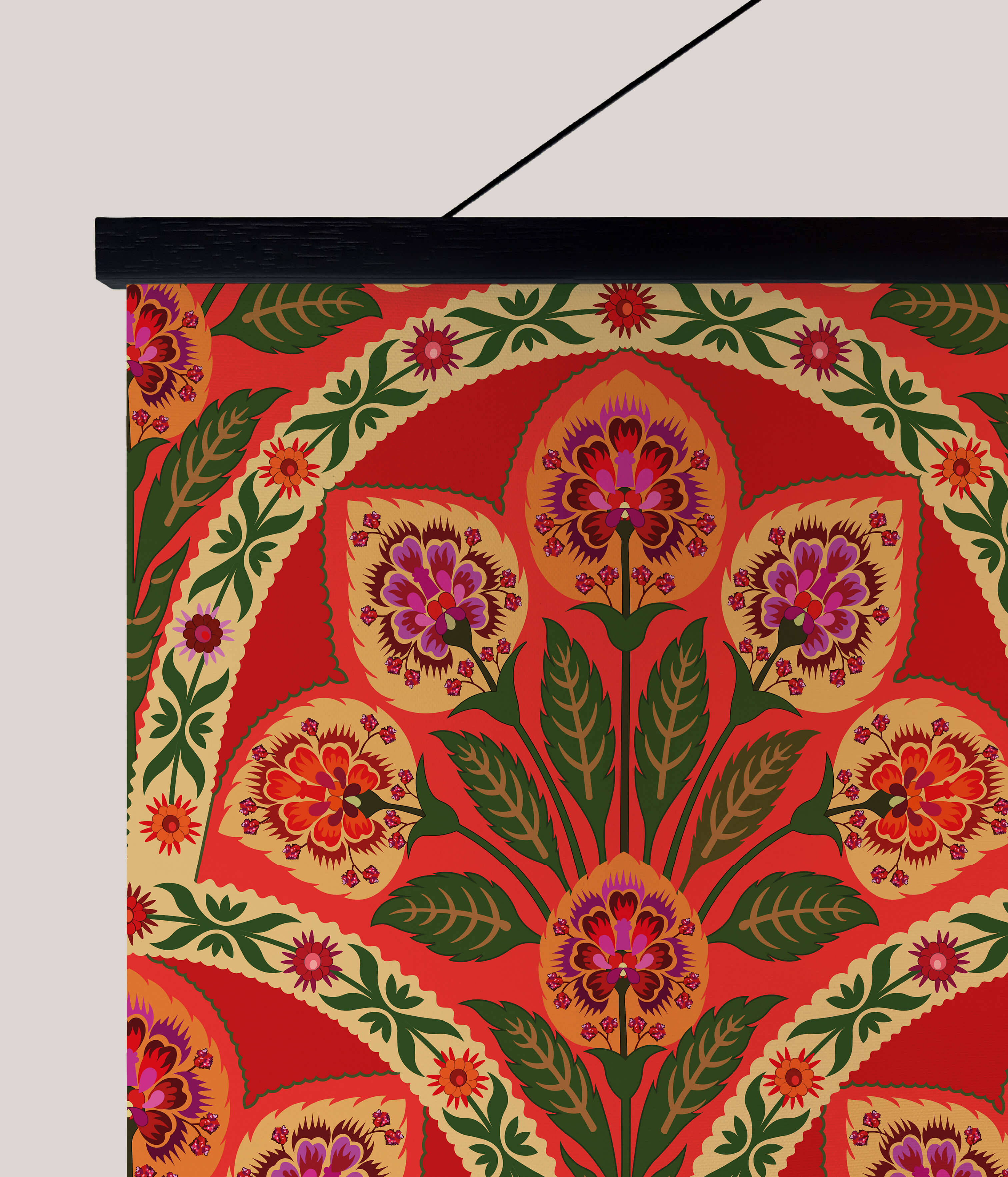 Vibrant red indian floral tapestry with intricate purple orange and green floral patterns on cream background wall hanging