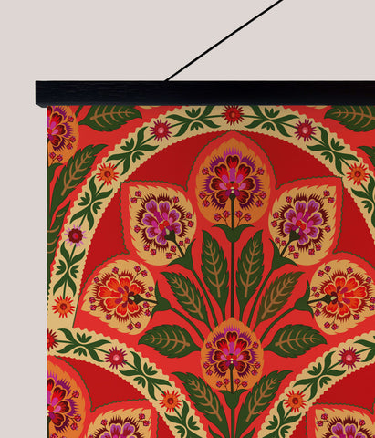 Vibrant red indian floral tapestry with intricate purple orange and green floral patterns on cream background wall hanging