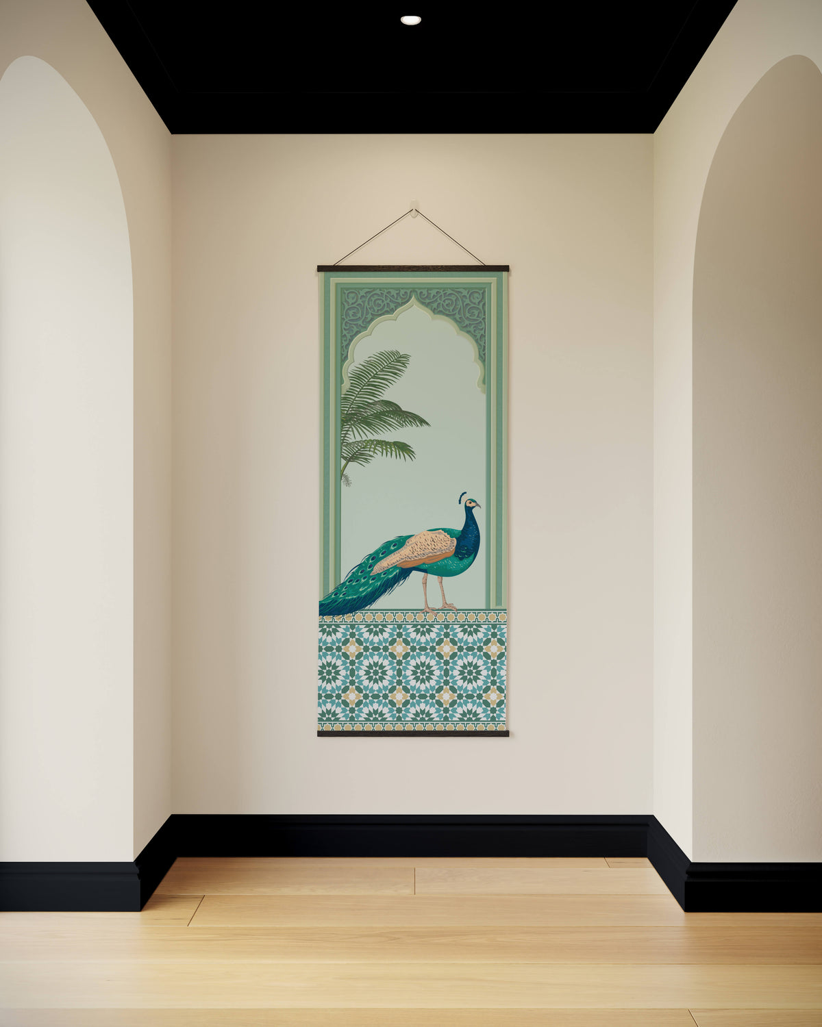 Indian tapestry wall hanging with teal and cream peacock design in ornate arched frame and geometric tile patterns