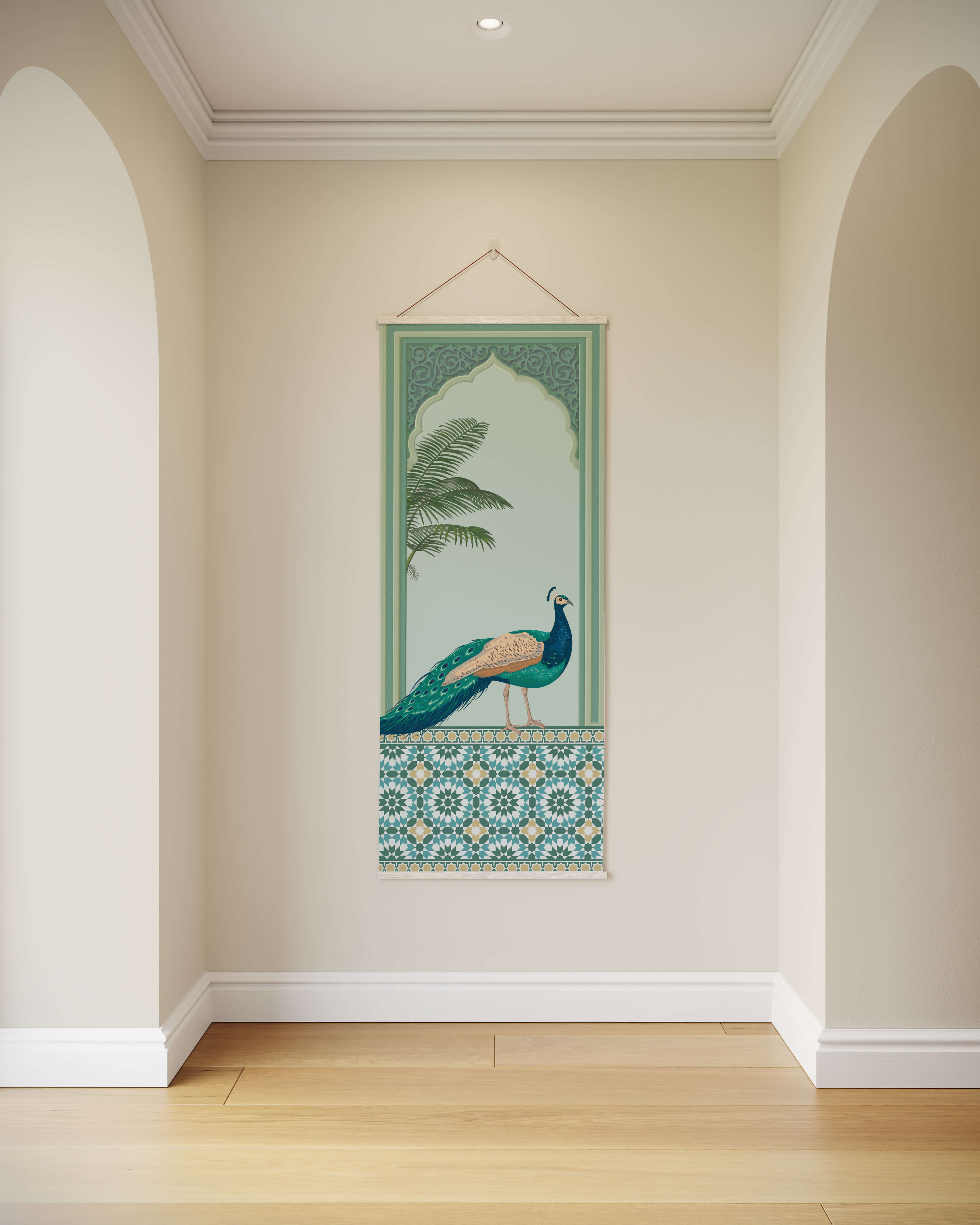 Indian tapestry featuring a detailed teal and blue peacock illustration with green geometric patterned borders hanging vertically