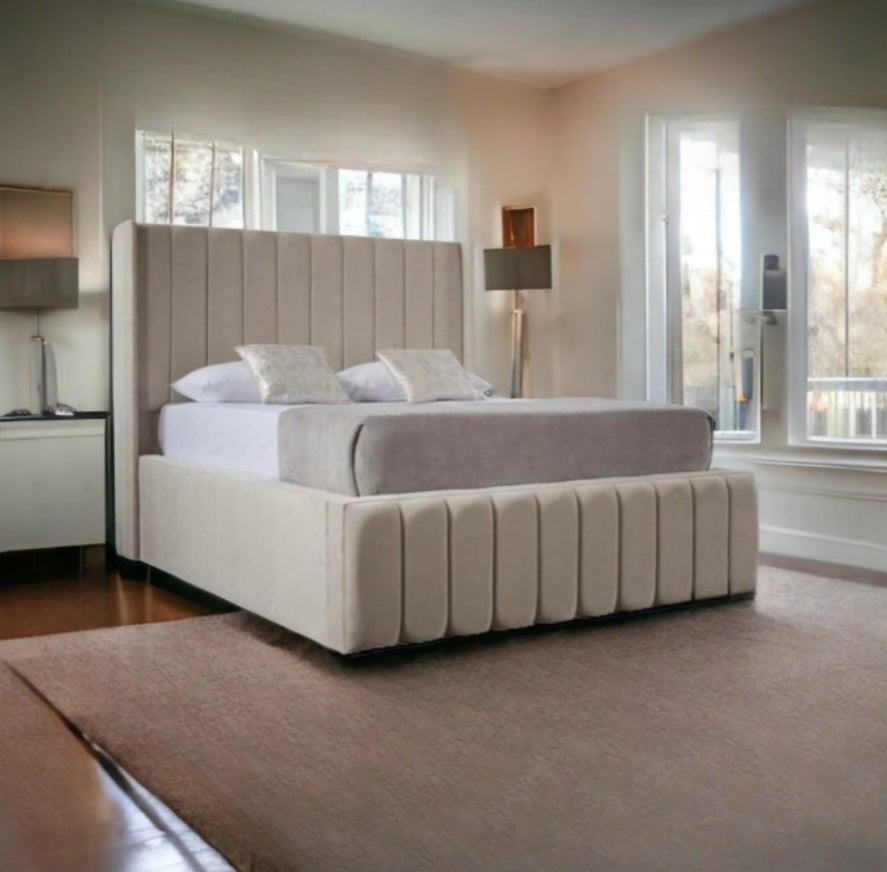 Beige tufted upholstered indiana bed frame with matching bench at the foot for stylish bedroom comfort