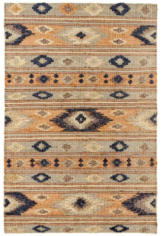 A rectangular indio multicolour aztec jute rug with woven texture beige terracotta stripes and dark blue eye patterns