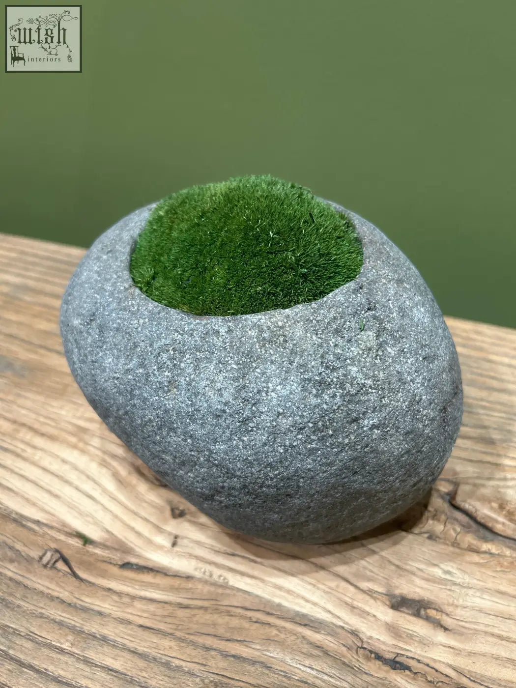 A smooth gray indo riverstone planter holds vibrant preserved moss in its hollow center for natural decor