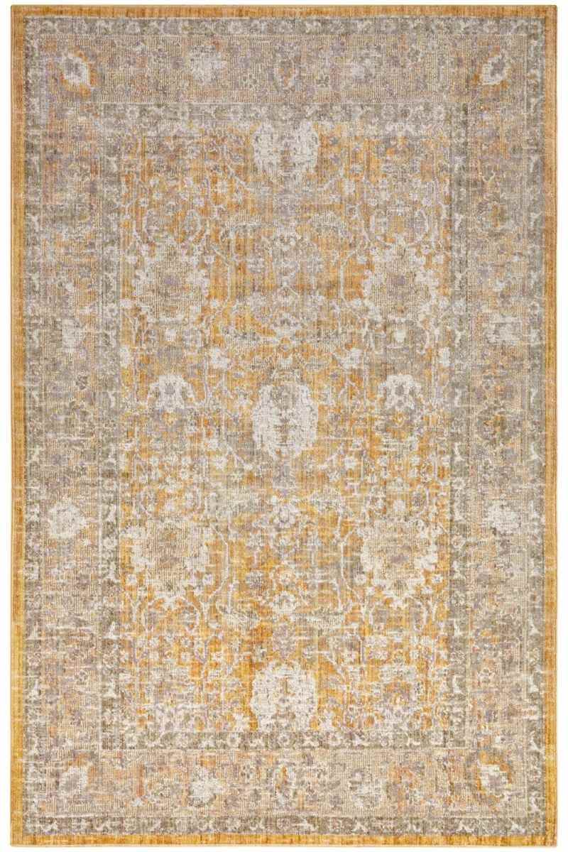 Vintage-style indoor outdoor alexandria rug with faded gold gray floral border on textured weave