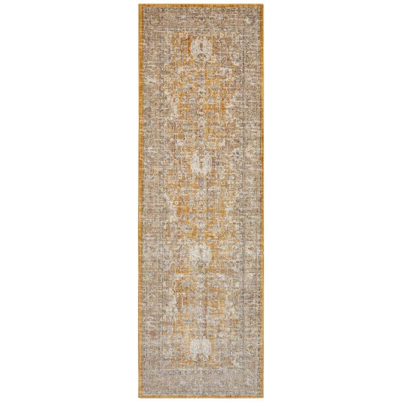 Vintage-inspired indoor outdoor alexandria rug with faded gold and gray floral border on textured weave
