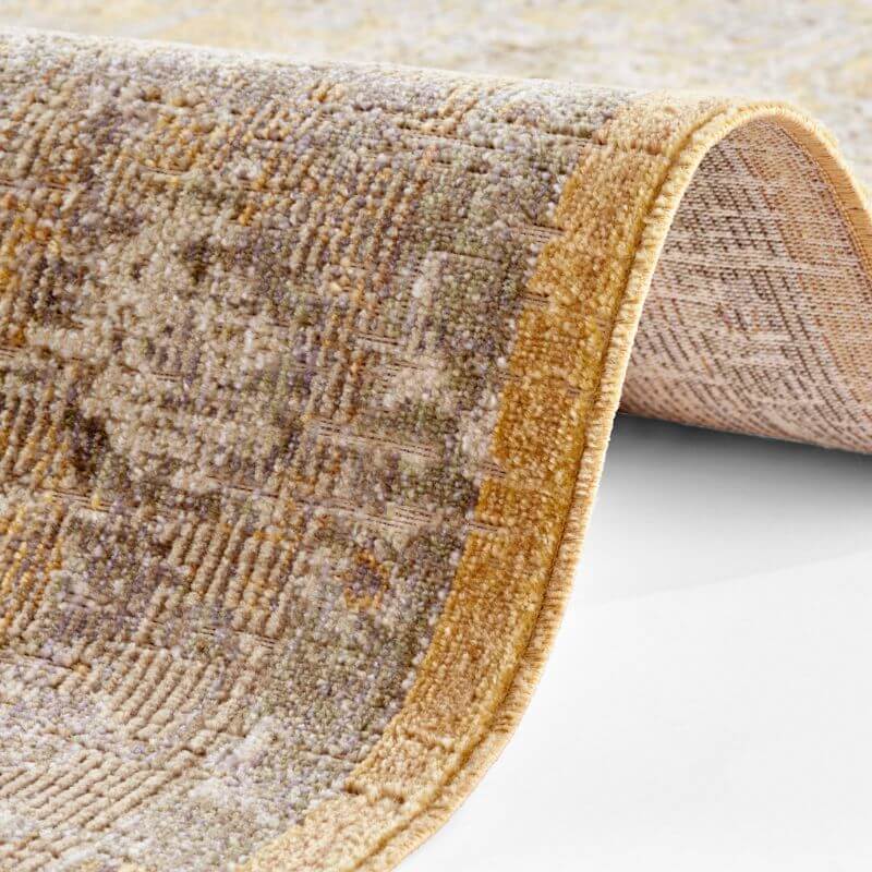 Textured indoor outdoor alexandria rug with muted beige and gold colors and an intricate floral border pattern along edge