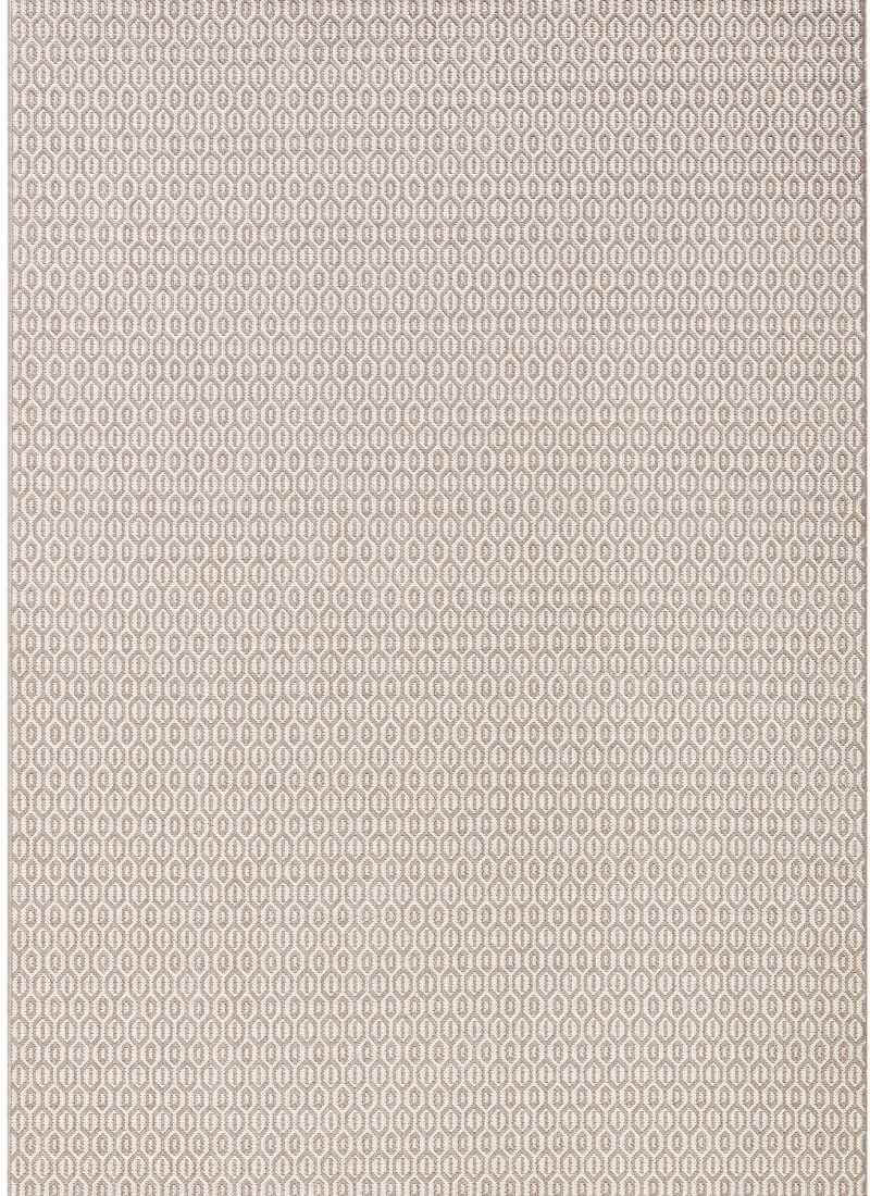 Beige indoor outdoor coin rug with a subtle repeating geometric pattern of interlocking ovals for indoor outdoor use