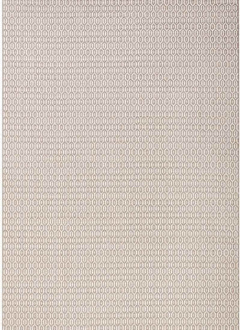 Beige indoor outdoor coin rug with a subtle repeating geometric pattern of interlocking ovals for indoor outdoor use