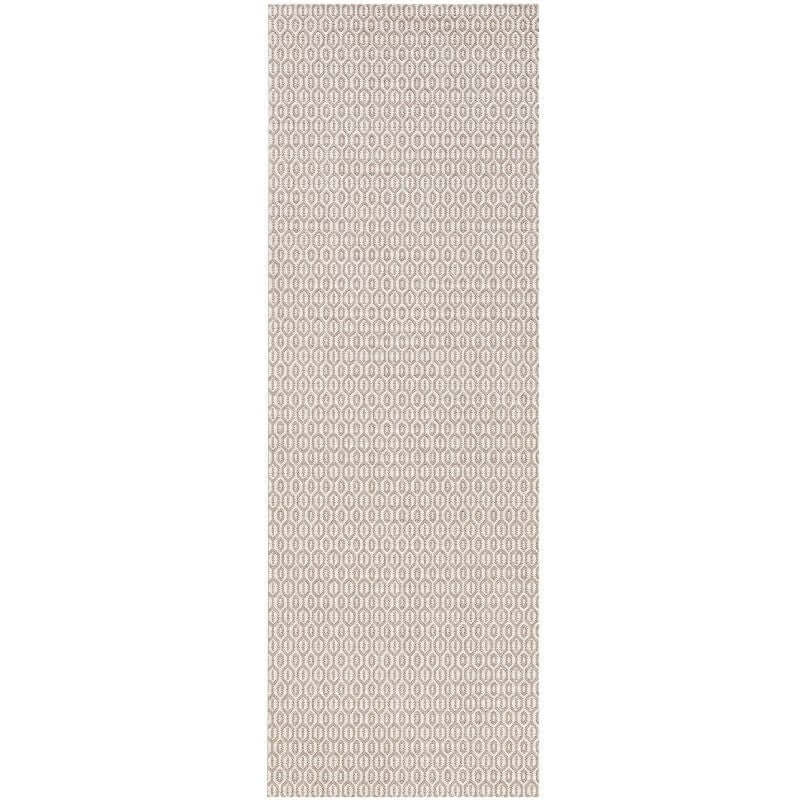 Beige and cream geometric patterned indoor outdoor coin rectangular runner rug perfect for indoor outdoor use